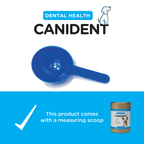 Image of the blue Canident measuring scoop with note “This product comes with a measuring scoop.”