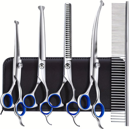 Dog Grooming Scissors Set 6-in-1 Titanium Coated Stainless Steel Pet Shears Safety Round Tip for Dogs Cats Universal Hand Orientation Professional