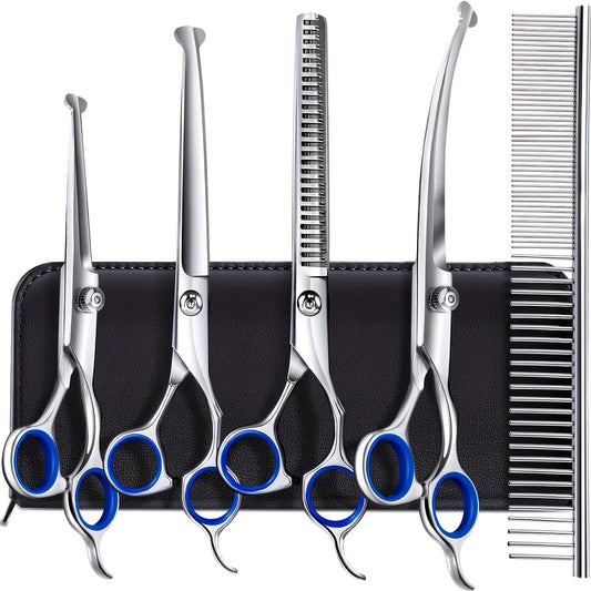 Dog Grooming Scissors Set 6-in-1 Titanium Coated Stainless Steel Pet Shears Safety Round Tip for Dogs Cats Universal Hand Orientation Professional