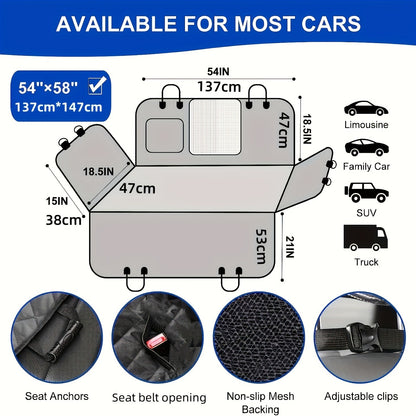 Dog Car Seat Cover Pet Hammock Waterproof Scratchproof Non-Slip Back Seat Protector with Mesh Windows & Storage Pockets, Universal Fit for Cars Trucks SUVs, Durable Nylon Pet Travel Accessory
