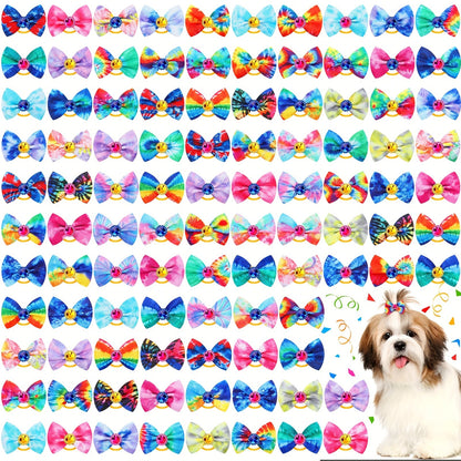 Dog Hair Bows 100 Pack Tie Dye Rhinestone Puppy Grooming Accessories with Rubber Bands – Colorful Spring Dog Topknot Bows for Small Dogs, Cats & Grooming Salons, Bulk Hair Bow Set