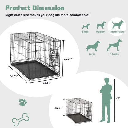 Folding Wire Dog Crate with Divider - Single & Double Door Options, Leak-Proof Plastic Tray, Indoor Outdoor Travel Kennel for Small Medium Large Dogs, 24" / 30" / 36" Sizes