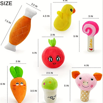 Squeaky Dog Toys 14 Pack Stuffed Plush Fruits Vegetables Set Crinkle Chew Toys for Puppies Small Medium Dogs Teething Safe Non-Toxic Machine Washable