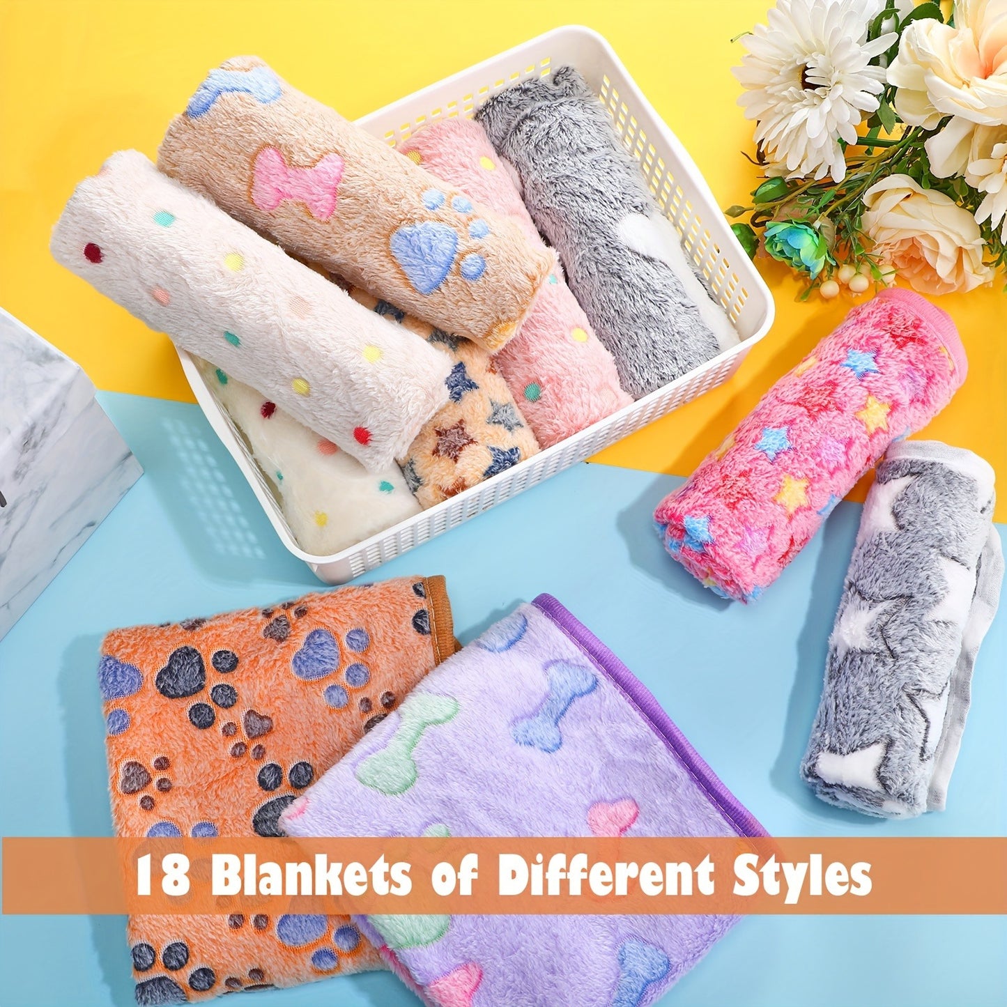 Pet Blanket Fleece 18 Pack Soft Warm Sleep Mat 23x16 Inch, Cute Paw Bone Star Heart Print Fluffy Bed Blanket for Dogs Cats Kittens Puppies, Small Animal Blanket Bulk Set