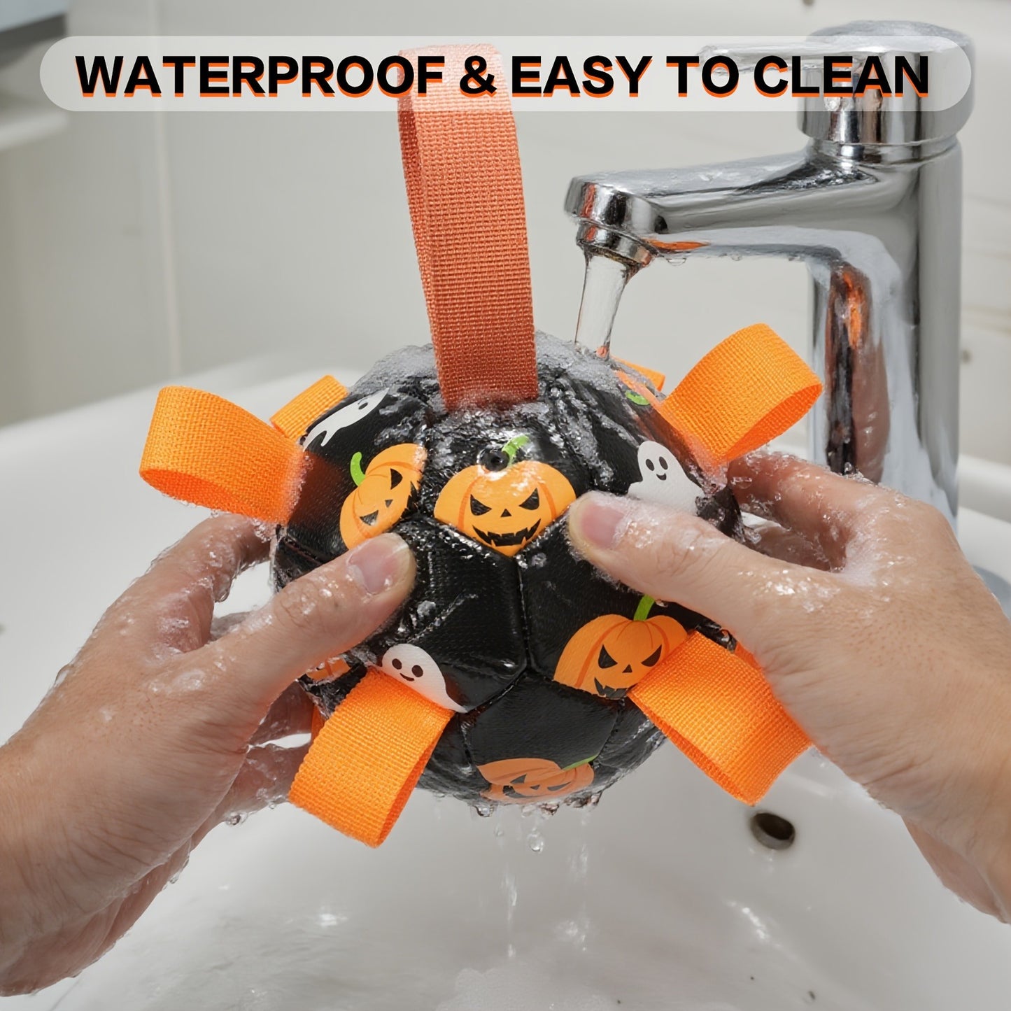 Halloween Dog Ball Toy with Pump - Football Shaped Chew Ball for Dogs, Pumpkin Ghost Design, Durable Rubber Fetch Toy for Small Medium Large Dogs, Festive Pet Gift with Strap, No Battery Required