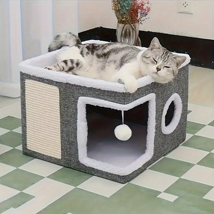 Multi-Tier Cat House & Indoor Cat Cube Bed - Foldable 2-Level Cat Tree with Scratching Post, Toy Tunnel & Plush Hanging Ball, Space-Saving Nylon Canvas Cat Furniture 16.5x16.5x13in for Small Spaces