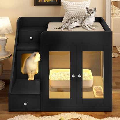 Cat Litter Box Enclosure Furniture Hidden Cabinet with LED Light & 2 Drawers – MDF Indoor Cat House Side Table with Acrylic Door, Stair Steps & 110 lb Capacity, Gray White Black