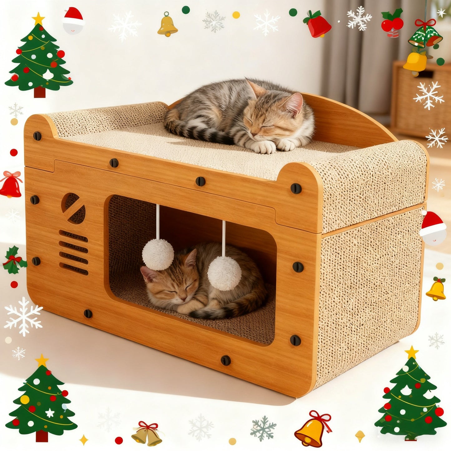 Large Cat House with Scratcher Pad & Plush Ball Toys, Ventilated Multi-Functional Indoor Outdoor Cat Shelter, Easy Assembly Single Door Double Door Luxury Double-Layer Cat Condo, Festival Gift