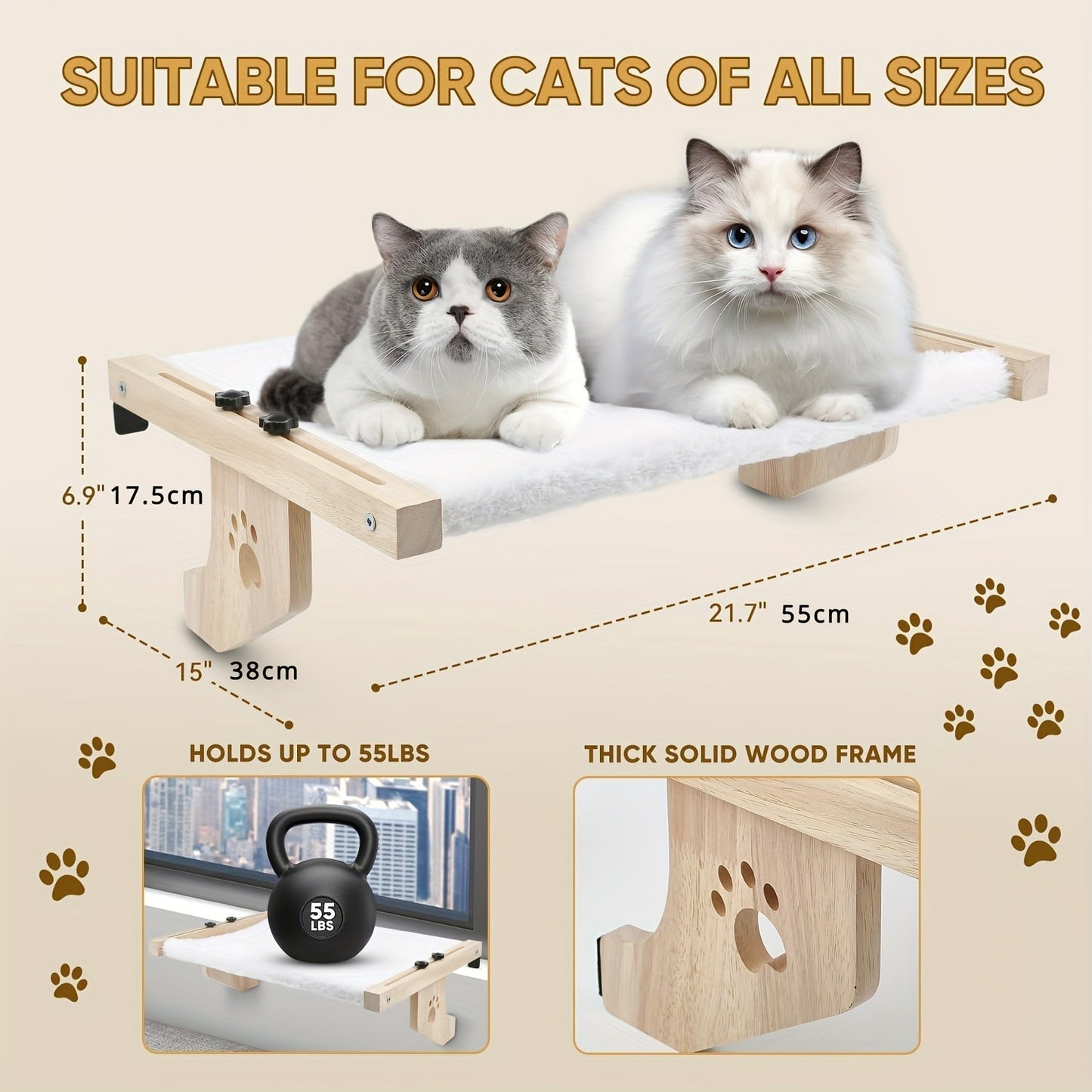 Cat Window Frame Hammock Adjustable - Durable Frame Cat Bed with Paw Print Pattern, Easy Install Window Sill Bedside Cabinet Perch, Large Cat Hammock Lounger with Safety Fixation, Indoor Cat Furniture