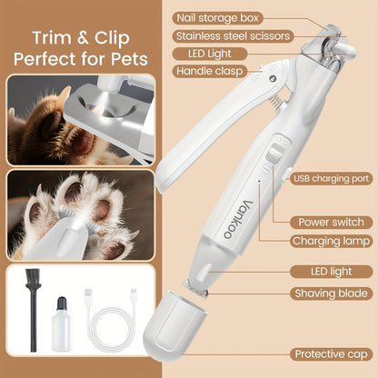 2-in-1 Pet Grooming Clipper with LED Light – Rechargeable Nail Cutter & Paw Hair Trimmer for Dogs & Cats | Precision Trimming for Paws, Face, Ears & Rump | Safe, Quiet & Cordless | White