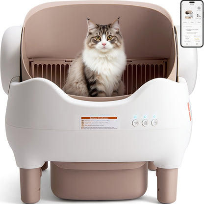 Smart Self-Cleaning Cat Litter Box – App Control, Open-Top Design, 10L Waste Bin, Ultra-Quiet <20dB, Infrared Safety Sensors, Kitten Mode for Multi-Cat Homes