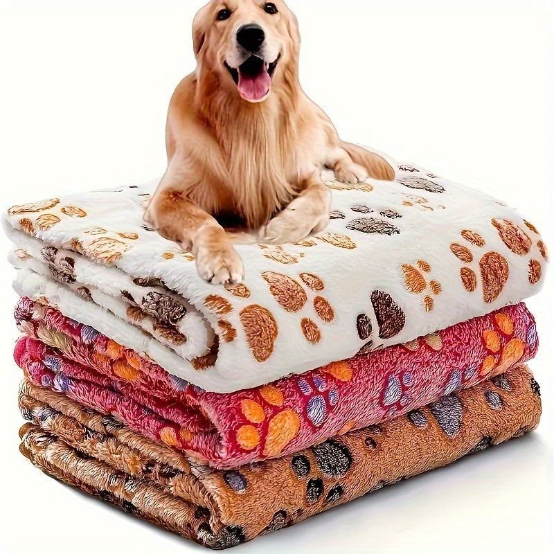 1 Pack 3 Blankets Super Soft Fluffy Premium Fleece Pet Blanket Flannel Throw for Dog Puppy Cat Paw Brown/Pink/White(Free Pet Drying Towel Included)