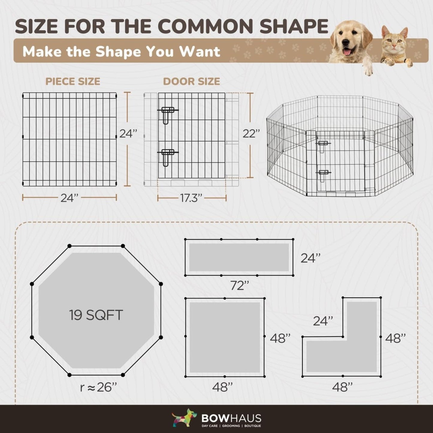 Dog Playpen 8 Panel Foldable Metal Pet Fence with Gate | Heavy-Duty Indoor Outdoor Exercise Pen for Small Dogs & Animals | Portable Kennel Cage | 24 Inch | Multiple Configurations Rectangle Octagon