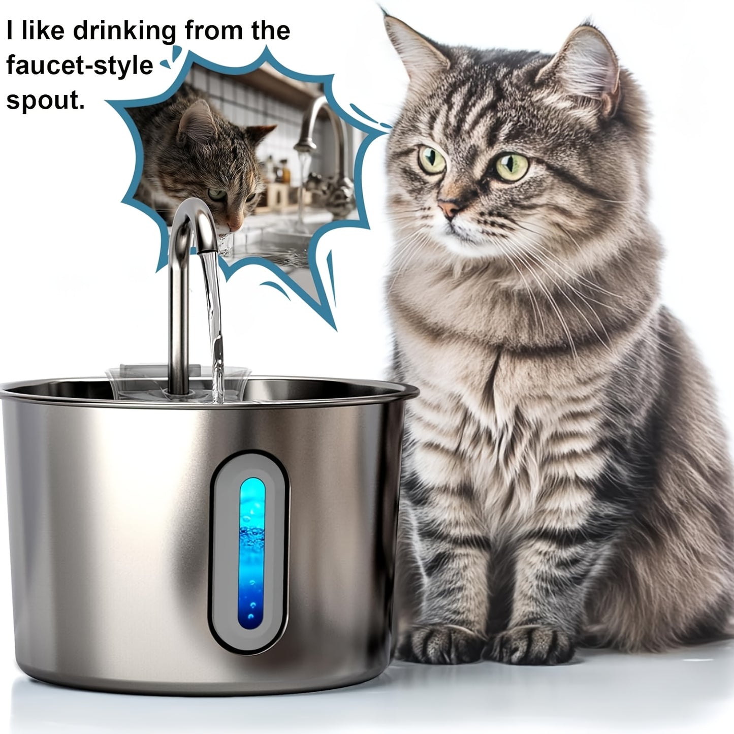 Stainless Steel Cat Water Fountain 74oz - 304 Food-Grade Steel, Ultra-Quiet USB Pump, 3-Stage Filtration, Visible Water Level Window, Auto Circulation for Cats & Small Dogs