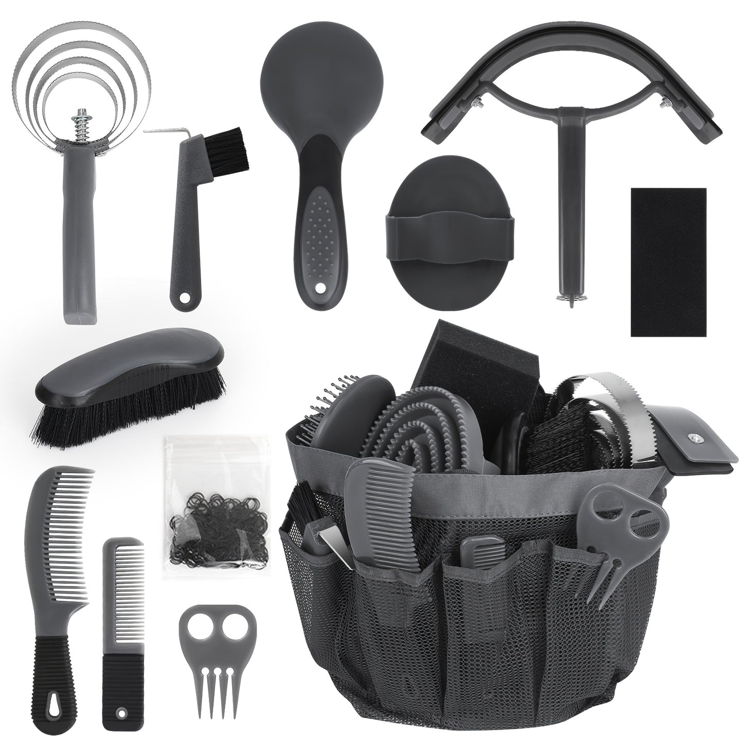 Horse Grooming Kit 11-Piece Set with Storage Bag – Complete Beginner & Daily Care Set with Curry Comb, Reversible Brush & Braiding Tools | SEAOTTER Professional Equine Grooming Supplies, Black