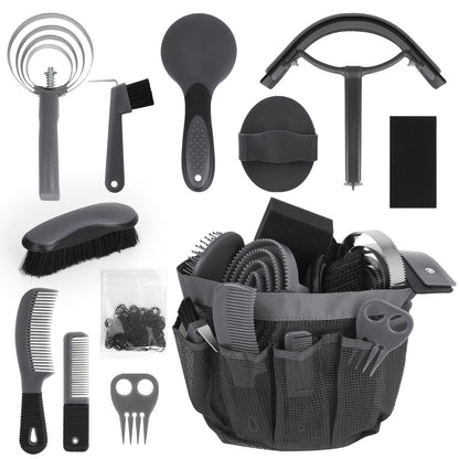 Horse Grooming Kit 11-Piece Set with Storage Bag – Complete Beginner & Daily Care Set with Curry Comb, Reversible Brush & Braiding Tools | SEAOTTER Professional Equine Grooming Supplies, Black