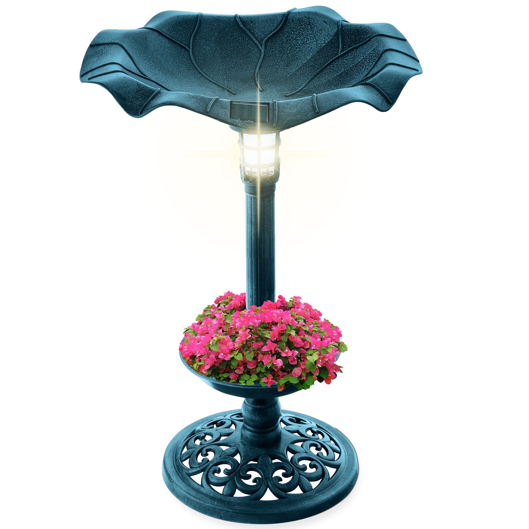 Solar Bird Bath with Planter Peacock Blue