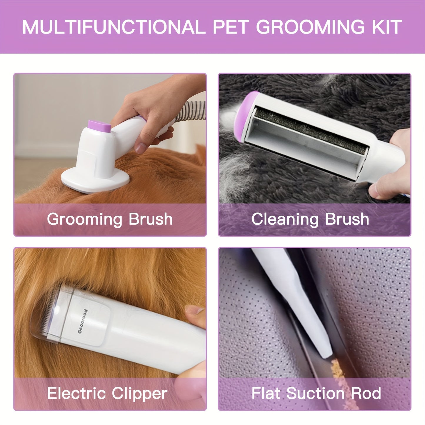 Dog Grooming Vacuum Kit 4-in-1 – Pet Hair Vacuum with Electric Clipper, Grooming Brush & Deshedding Tools, 2.5L Large Dust Cup, 10kPa Suction, Low Noise, 4 Comb Sizes (Model G2-W2)