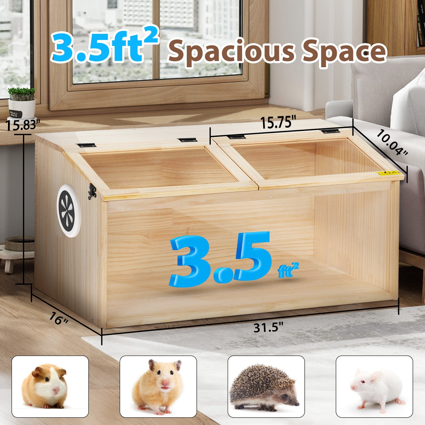 Large Hamster Cage Wooden Enclosure – 32"L x 16"W x 16"H with Acrylic Window & Openable Top | Small Animal Habitat for Guinea Pig, Chinchilla & Gerbil | Clear Visibility, Ventilated, Easy Clean