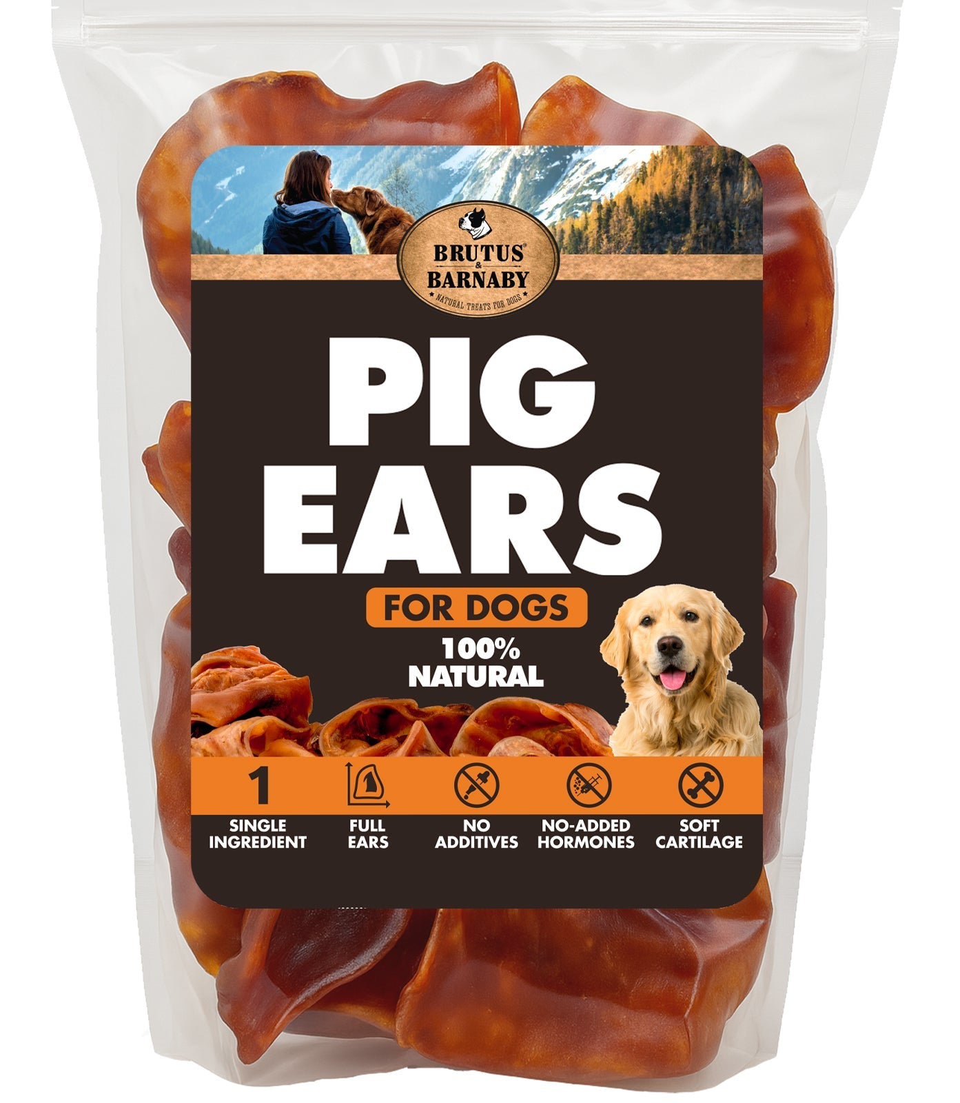 100% natural pig ears for dogs, single ingredient, no additives, soft cartilage chew treats