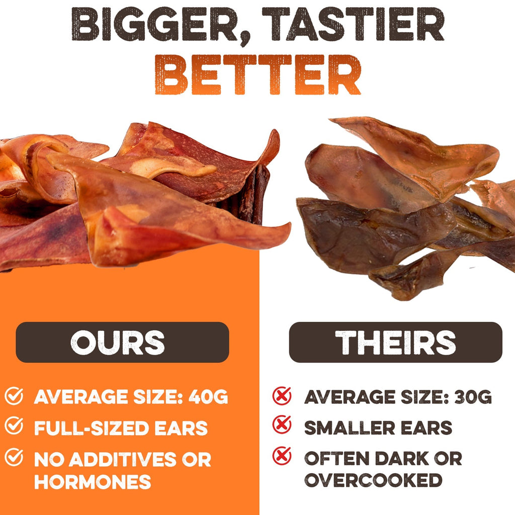 Bigger, tastier cow ears for dogs: 40g full-sized, no additives vs smaller 30g competitors