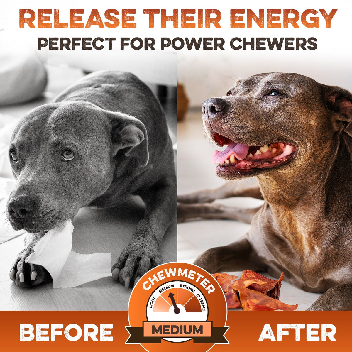 Before and after dog chewing treat, perfect for power chewers with medium chew strength