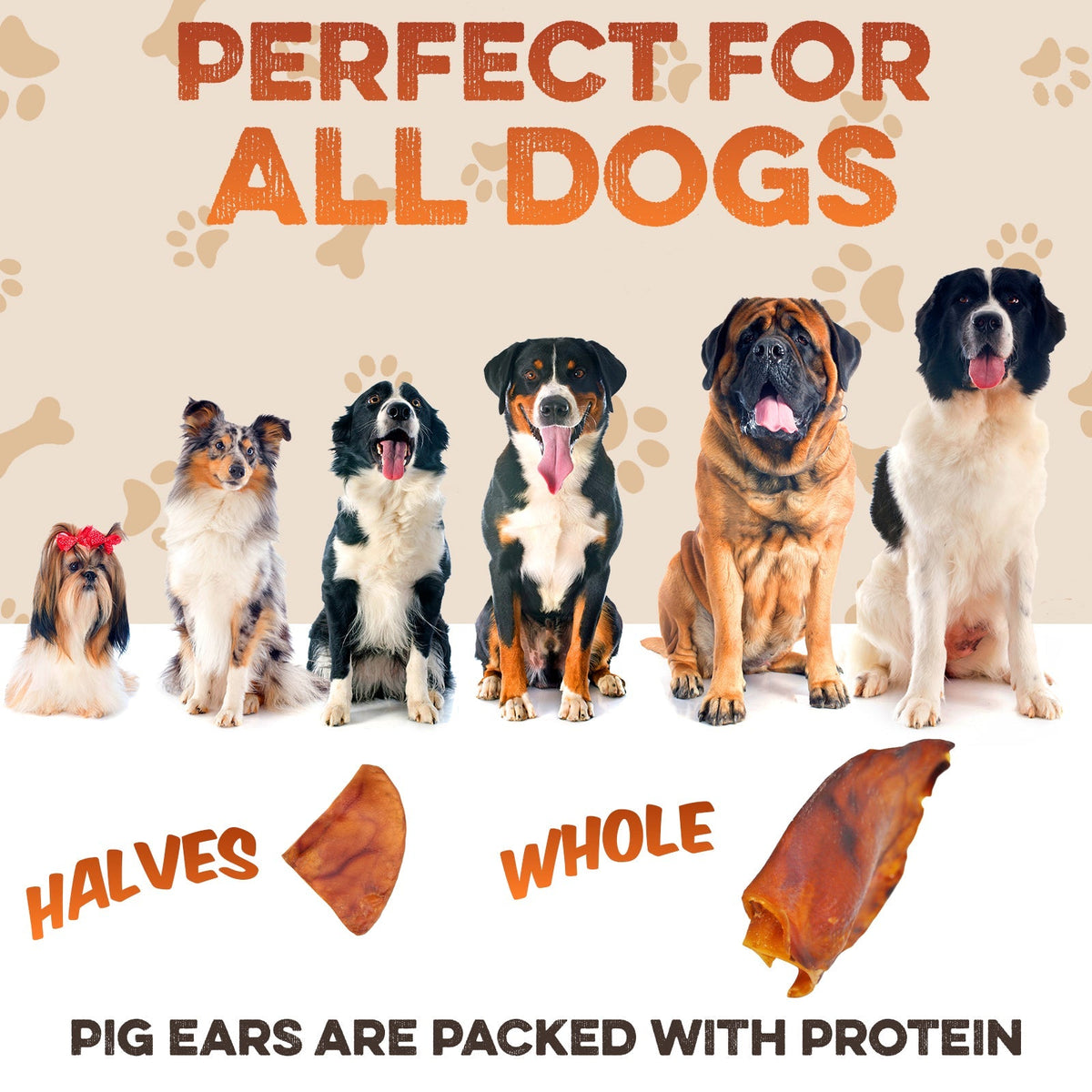 All dogs love protein-packed pig ears — whole or halves — natural chews for every breed