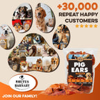 Pig ears for dogs, 100% natural chews with happy customer photos and brand logo