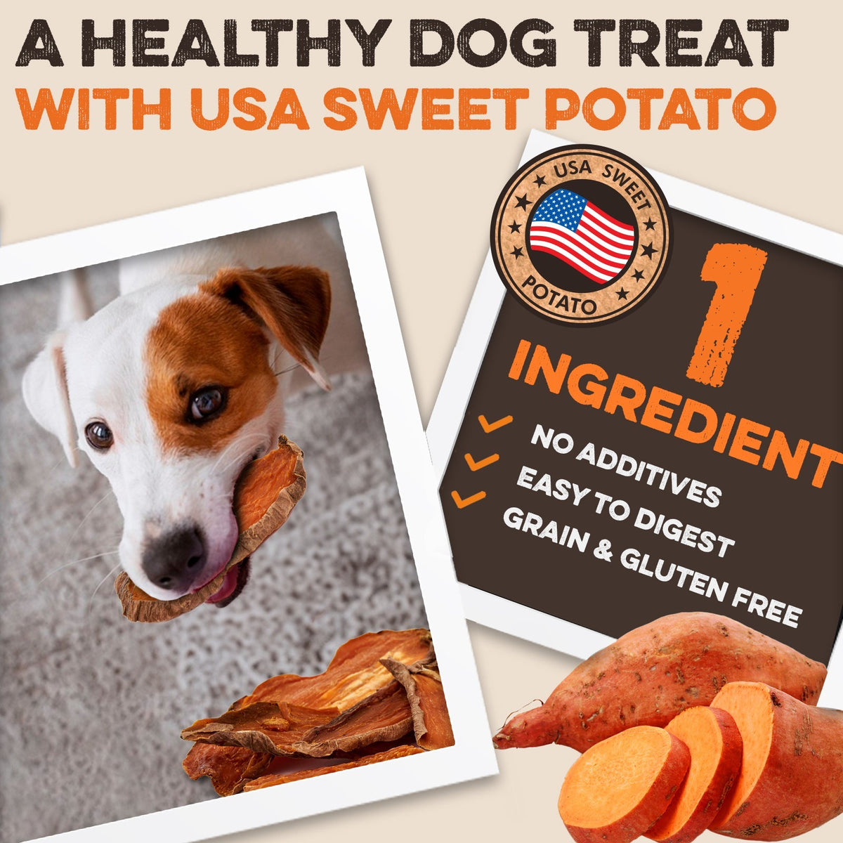 Dog enjoying all-natural USA sweet potato treat, grain-free, single ingredient, easy to digest