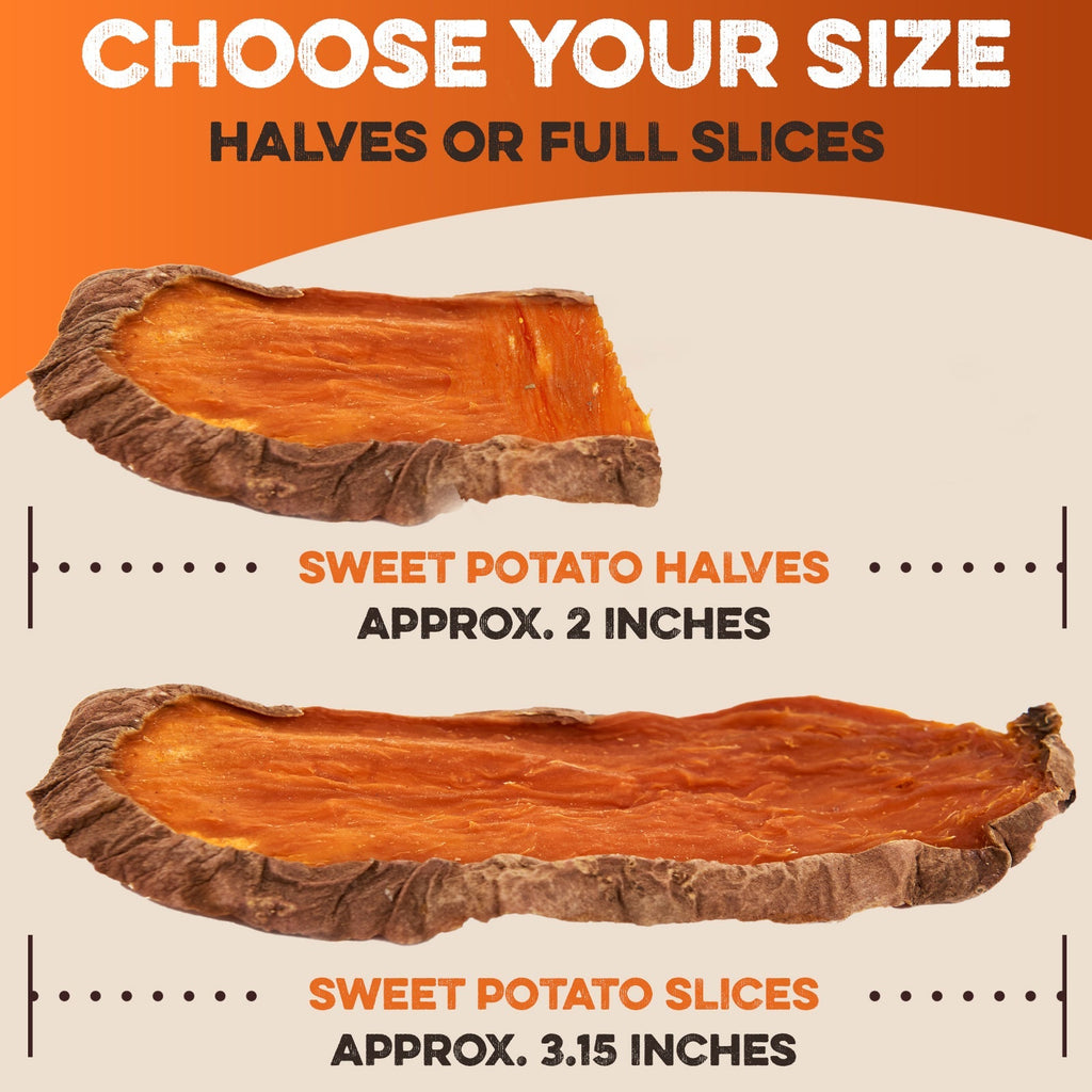Sweet potato dog treats: halves approx. 2 inches, slices approx. 3.15 inches — natural, USA-made chews