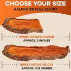 Sweet potato dog treats: halves approx. 2 inches, slices approx. 3.15 inches — natural, USA-made chews