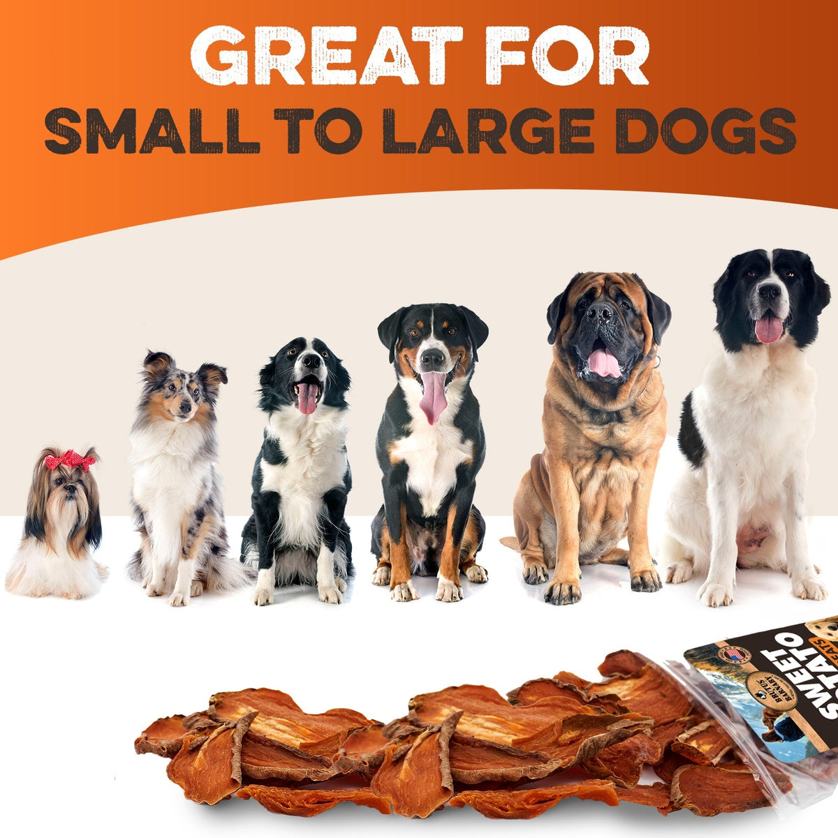 All-natural sweet potato dog treats for small to large dogs, made in USA, safe & digestible chews