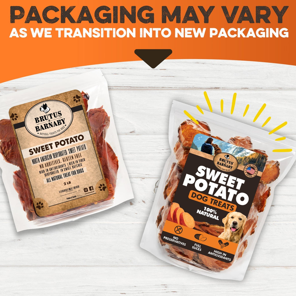 All-natural sweet potato dog treats in new and old packaging, gluten-free, no preservatives, high in antioxidants