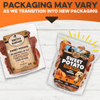 All-natural sweet potato dog treats in new and old packaging, gluten-free, no preservatives, high in antioxidants