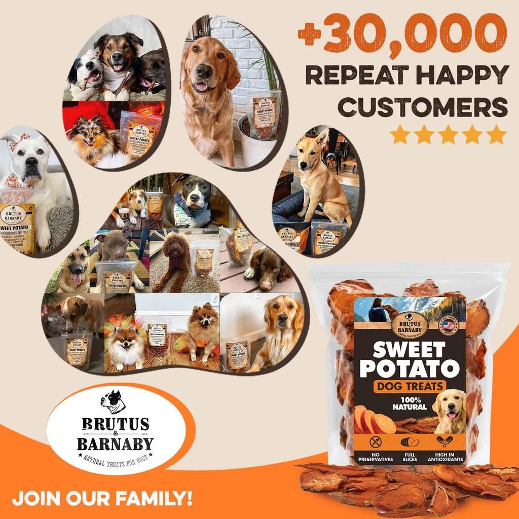 Sweet potato dog treats, 100% natural, no preservatives, loved by 30,000+ happy dogs and customers
