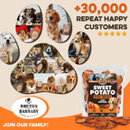 Sweet potato dog treats, 100% natural, no preservatives, loved by 30,000+ happy dogs and customers