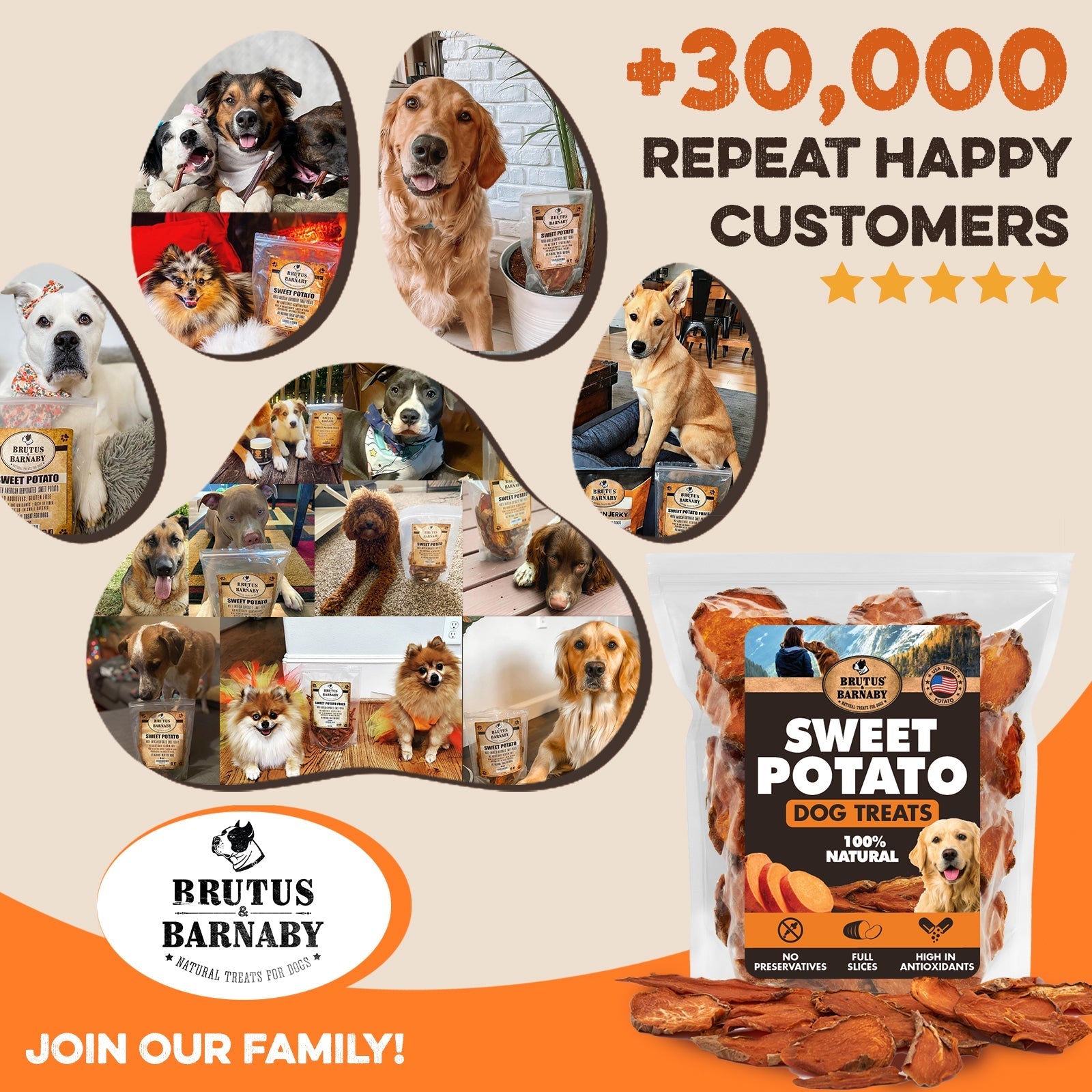Sweet potato dog treats, 100% natural, no preservatives, loved by 30,000+ happy dogs and customers