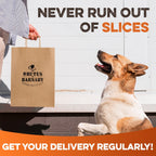 Happy dog looking at Brutus & Barnaby natural dog treat bag, never run out of slices with regular delivery