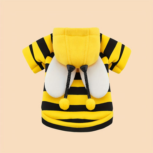 Dog Costume Hoodie Bee Design - Warm Winter Pullover with Black & Yellow Stripes and White Pom-Poms for Small Dogs, Soft Pet Sweater for Halloween Christmas Parties, XS to XXL