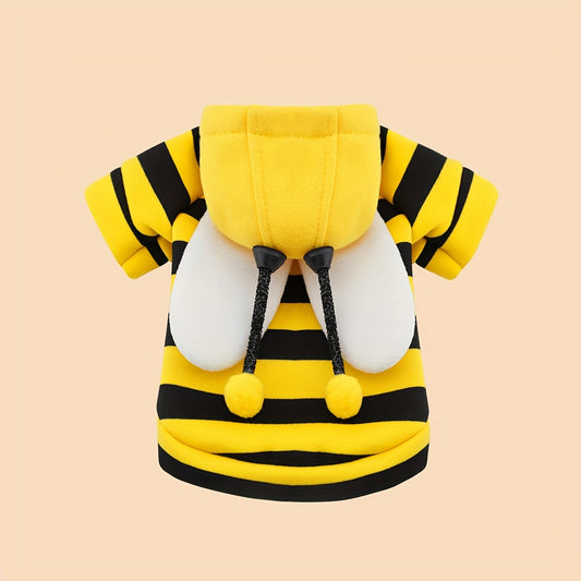 Dog Costume Hoodie Bee Design - Warm Winter Pullover with Black & Yellow Stripes and White Pom-Poms for Small Dogs, Soft Pet Sweater for Halloween Christmas Parties, XS to XXL