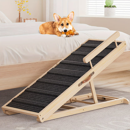 Dog Ramp for Bed & Sofa – Foldable Wooden Pet Ramp with Safety Guards, Adjustable Height, Holds 250 lbs, Indoor Outdoor Dog Steps for Small Medium Large Dogs, Couch Car Ramp