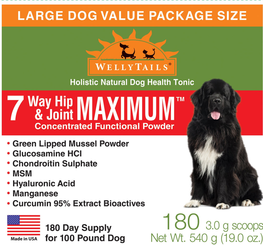 WellyTails 7 Way Hip & Joint Maximum powder label with a black dog, US flag, and list of ingredients.