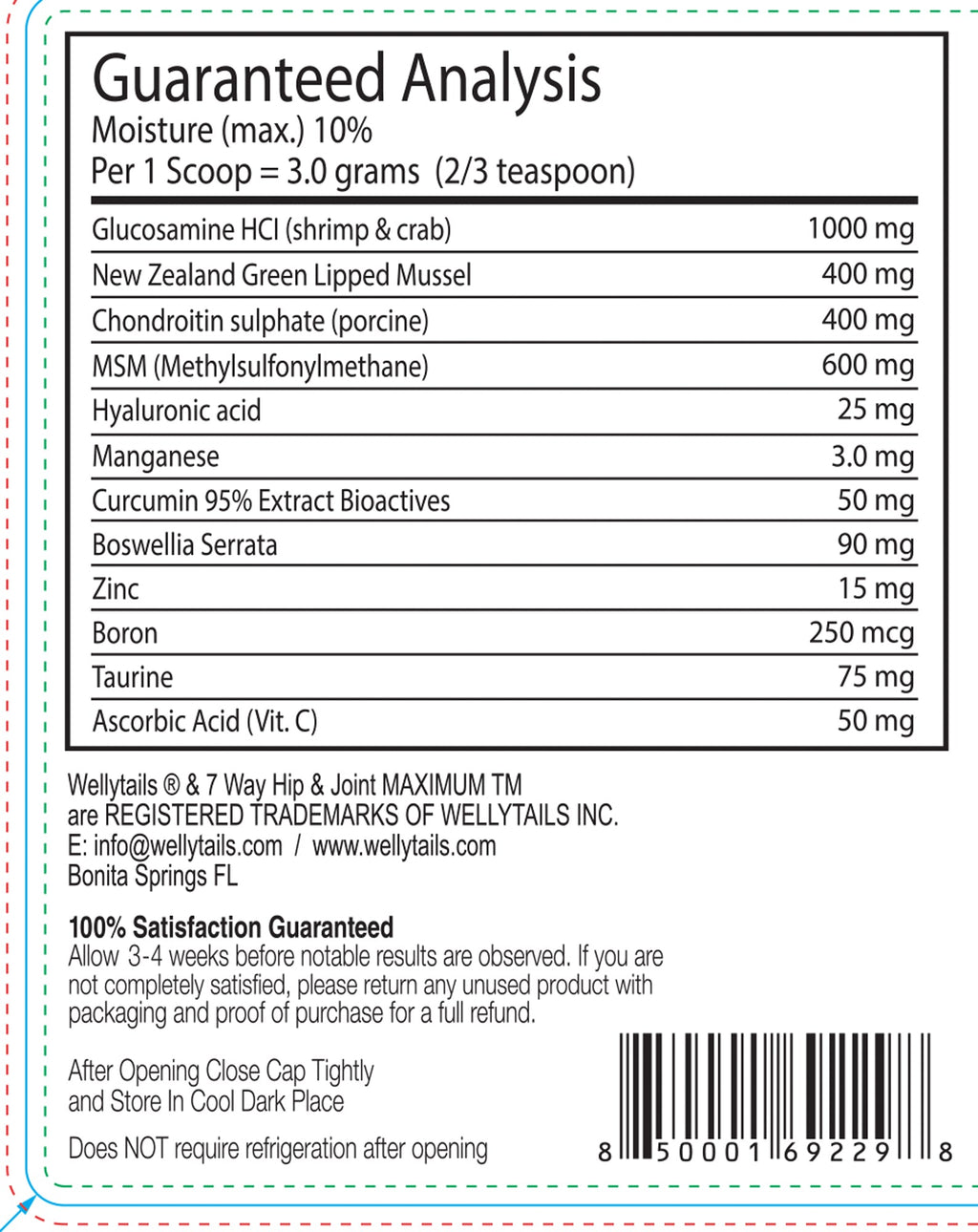 White rectangular label for Wellytails 7 Way Hip & Joint MAXIMUM with a Guaranteed Analysis table and barcode.