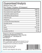White rectangular label for Wellytails 7 Way Hip & Joint MAXIMUM with a Guaranteed Analysis table and barcode.