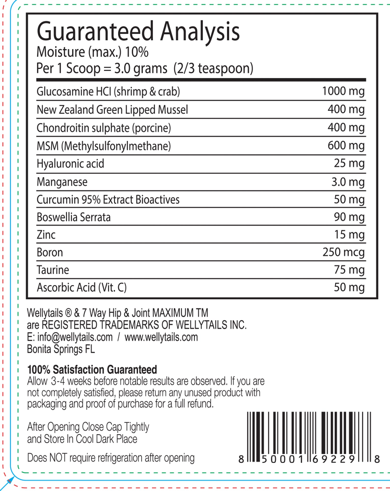 White rectangular label for Wellytails 7 Way Hip & Joint MAXIMUM with a Guaranteed Analysis table and barcode.