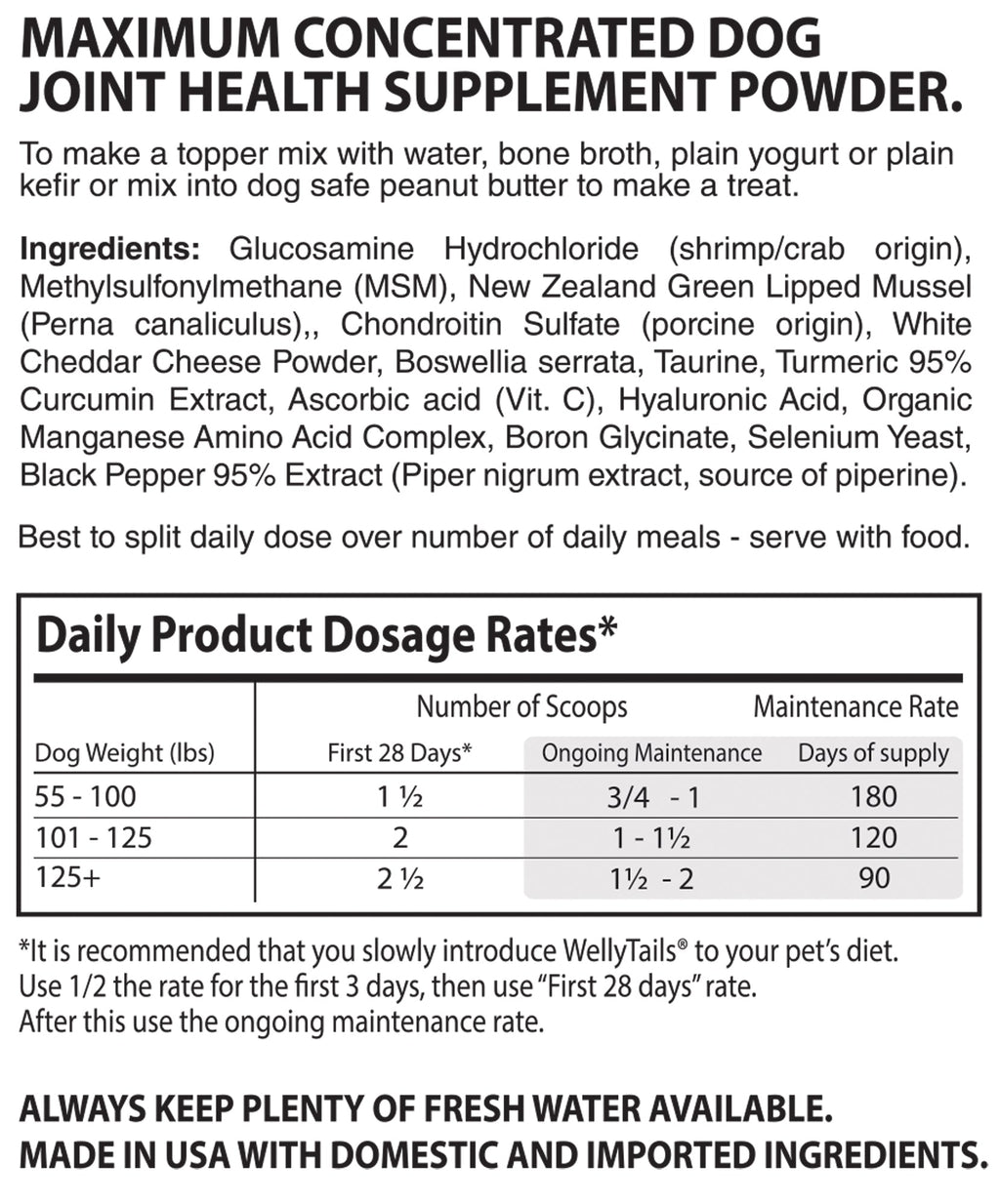 Black text on white background detailing ingredients and a Daily Product Dosage Rates chart for WellyTails dog supplement.