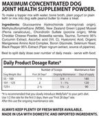 Black text on white background detailing ingredients and a Daily Product Dosage Rates chart for WellyTails dog supplement.