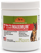 White plastic jar of WellyTails 7 Way Hip & Joint MAXIMUM powder featuring a German Shepherd on the label.