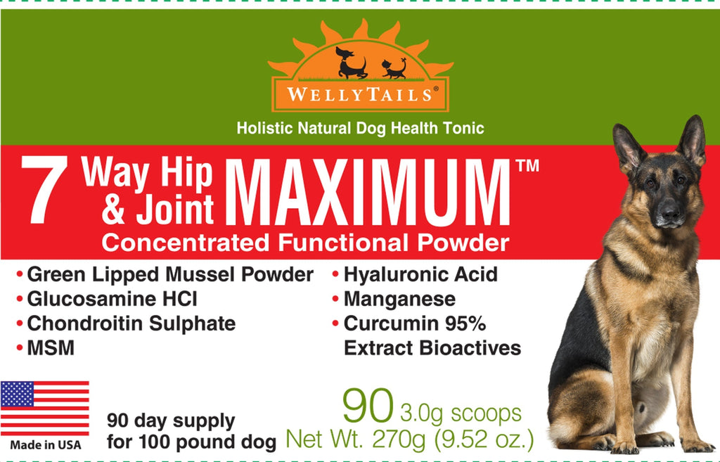 WellyTails 7 Way Hip & Joint Maximum powder label with a German Shepherd, American flag, and 270g net weight.