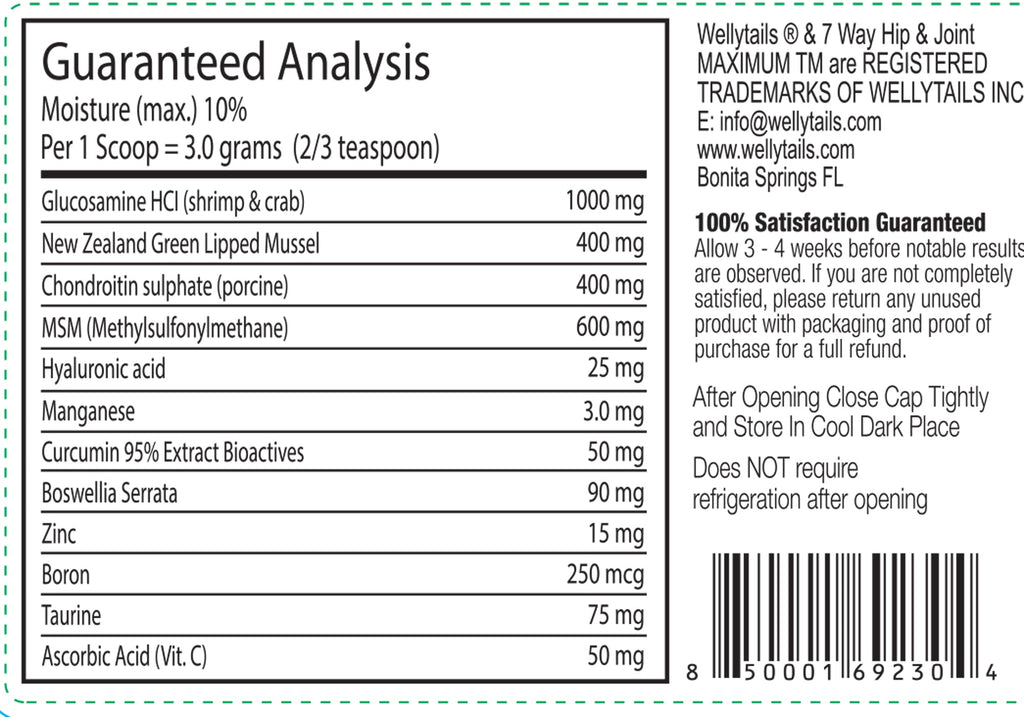 Rectangular white label for Wellytails 7 Way Hip & Joint MAXIMUM with a guaranteed analysis table and barcode.